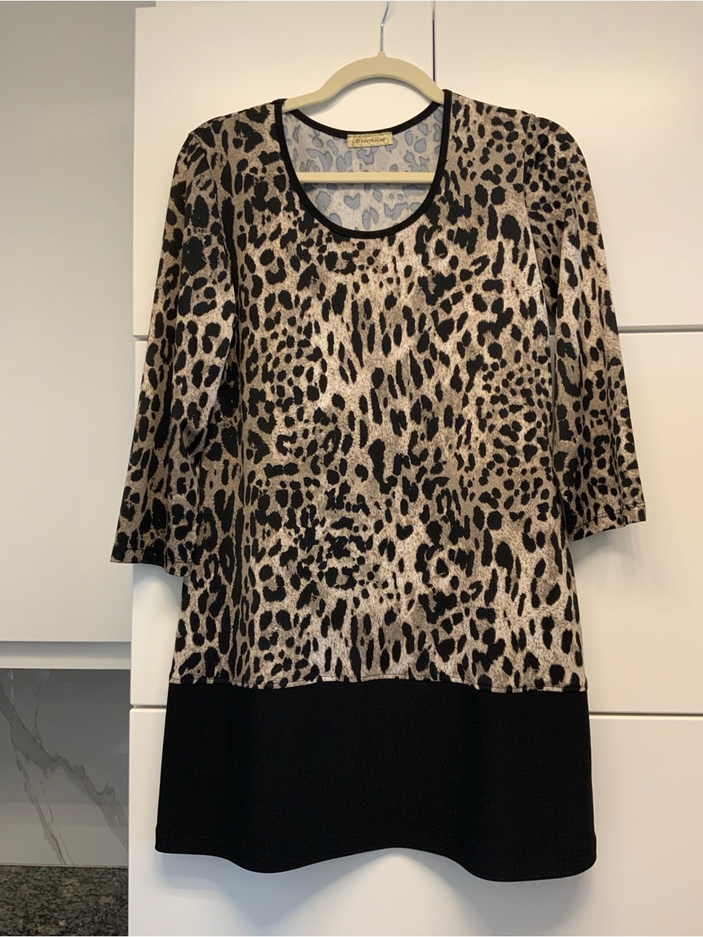 Leopard Print Mini Dress with Black 3/4 Hem Small